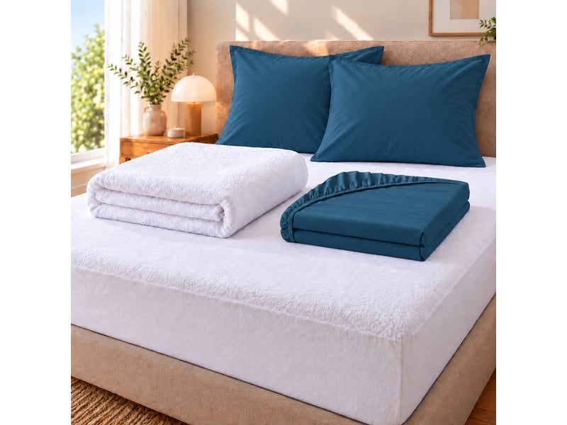  Pack literie protège matelas 140x190 imperméable + drap housse + 2 taies bleu  - Conforama A