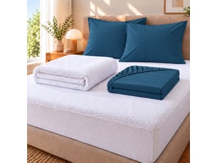 Pack literie protège matelas 140x190 imperméable + drap housse + 2 taies bleu