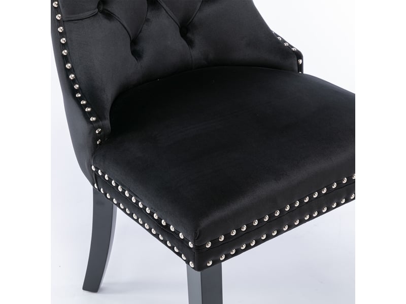  Lot de 2 chaises de salle à manger en velours noir, dossier haut capitonné, clous décoratifs, pieds en bois massif, style français élégant  - Conforama D
