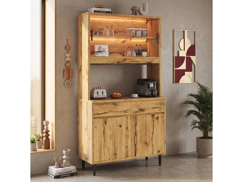  Buffet haut de cuisine 100x40x185 cm avec rangement multi-niveaux, prise intégrée, usb-c, usb-a et led couleur, panneaux de particules, naturel  - Conforama E