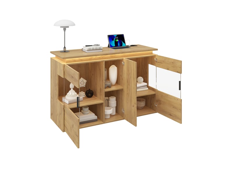  Buffet 120x40x79.5 cm avec led 16 couleurs et station de charge, bois d’ingénierie chêne clair  - Conforama A