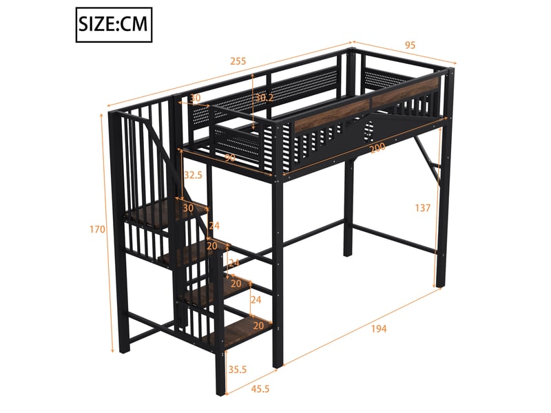 Lit mezzanine 90x200 cm avec échelle et rangements, coloris noir  - Conforama C