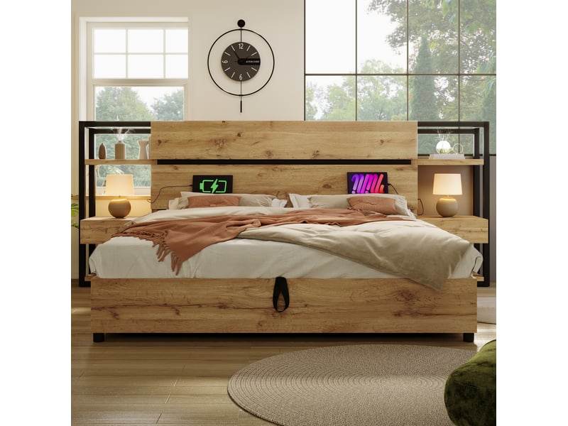 Lit coffre 160x200 avec rangements, ports usb et type-c, matelas inclus homvra - Conforama D