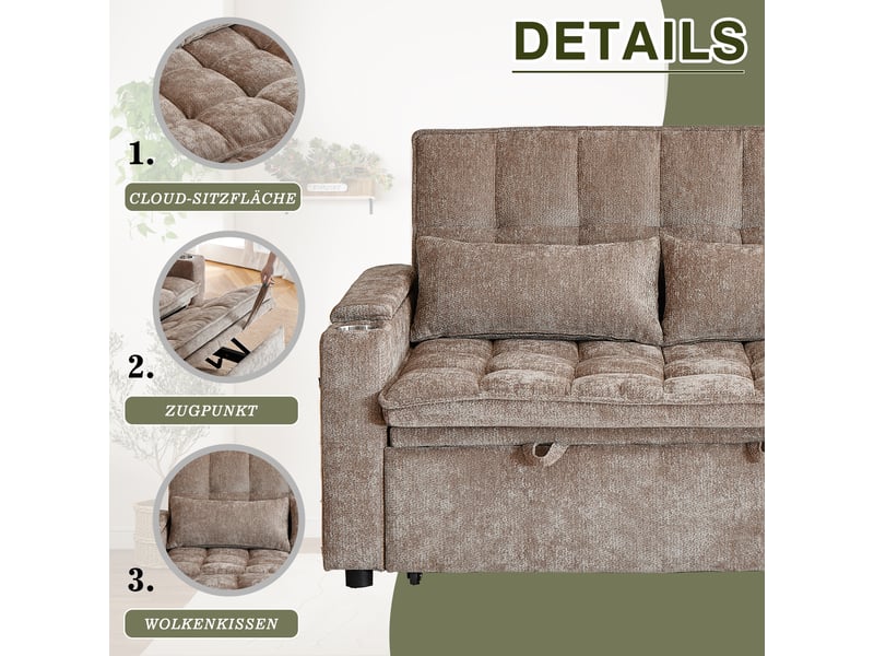 Canapé-lit 3 en 1 avec fonction relaxation, coussins d'assise et de dossier moelleux comme des nuages, deux coussins lombaires  - Conforama E