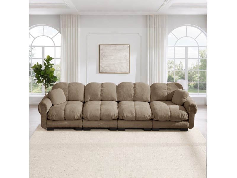 Canapé modulaire modenvie 4 places en chenille marron, assise matelassée et coussins épais, 330 x 86 x 90 cm - Conforama B