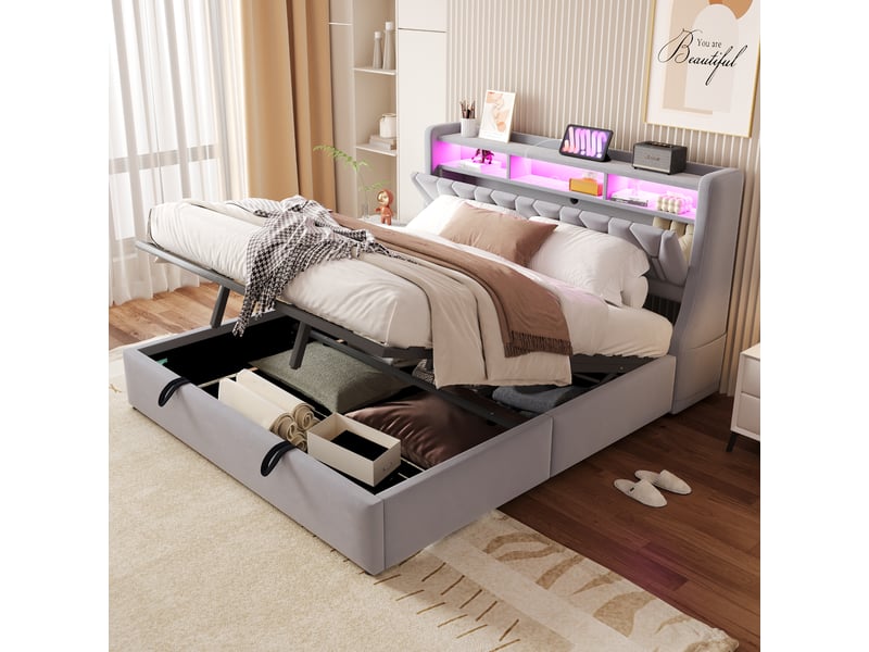  Lit coffre 180x200 cm velours gris clair, tête rabattable, rangements intégrés, led et prise électrique  - Conforama C