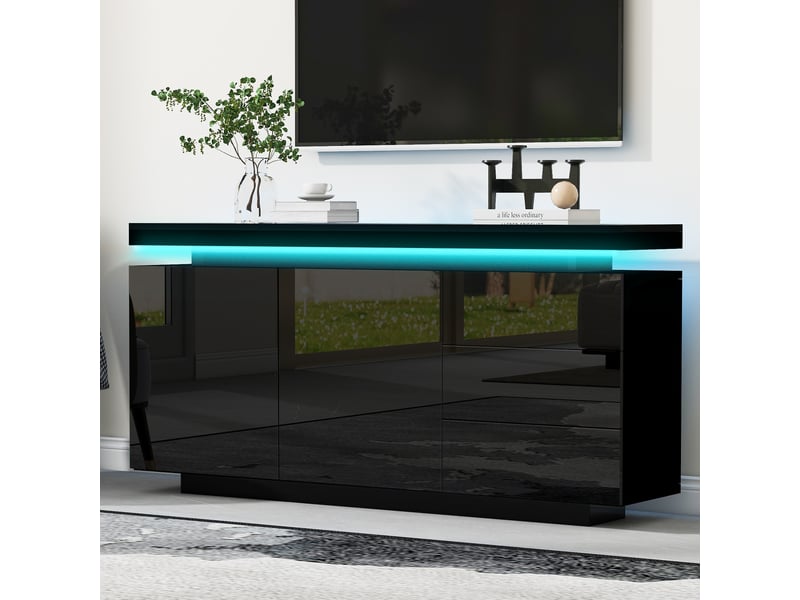  Buffet bas noir brillant avec led, 2 portes et 3 tiroirs - 140 x 35 x 72,5 cm  - Conforama D