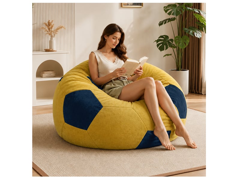  Fauteuil poire ballon de football bleu et jaune 130 x 90 cm, en tissu doux pour vos moments de détente  - Conforama E