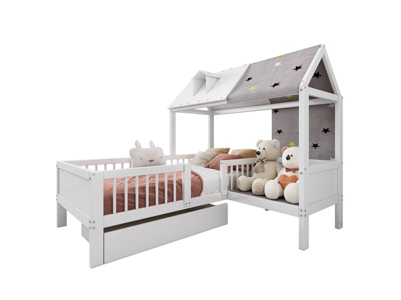  Lit enfant cabane 90x200 cm avec tiroirs, bois massif et mdf, blanc  - Conforama A