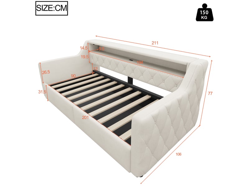  Lit de jour 90x200 cm avec led - lit coffre hydraulique en lin beige avec ports usb et type-c  - Conforama C
