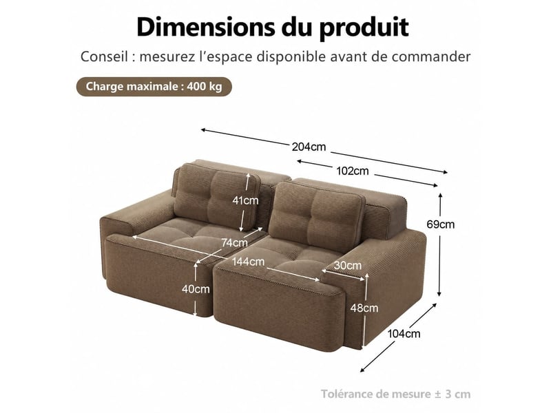  Canapé modulable 2 places sans armature, velours côtelé effet nuage, assise profonde, 69 × 204 × 104 cm, marron  - Conforama C
