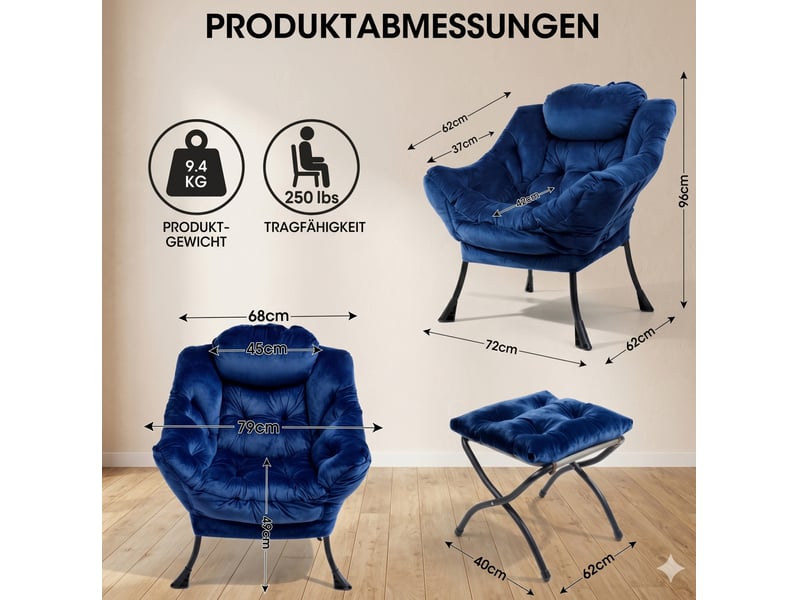  Fauteuil relax avec repose-pied, accoudoirs et poche latérale, en tissu et métal bleu foncé  - Conforama C