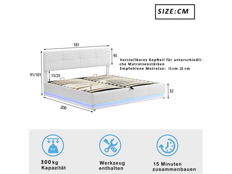  Lit capitonné 180x200 cm avec éclairage led et coffre de rangement relevable hydrauliquement, sommier à lattes, revêtement en similicuir, lit double, lit adulteenfant, blanc  - Conforama C