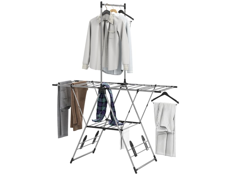  Séchoir à linge pliable, 5 ailettes réglables, 4 porte-chaussures, acier inoxydable, couleur argent  - Conforama B