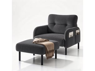 Fauteuil individuel en tissu velours côtelé avec repose-pieds, accoudoirs munis de poches latérales, structure métallique stable