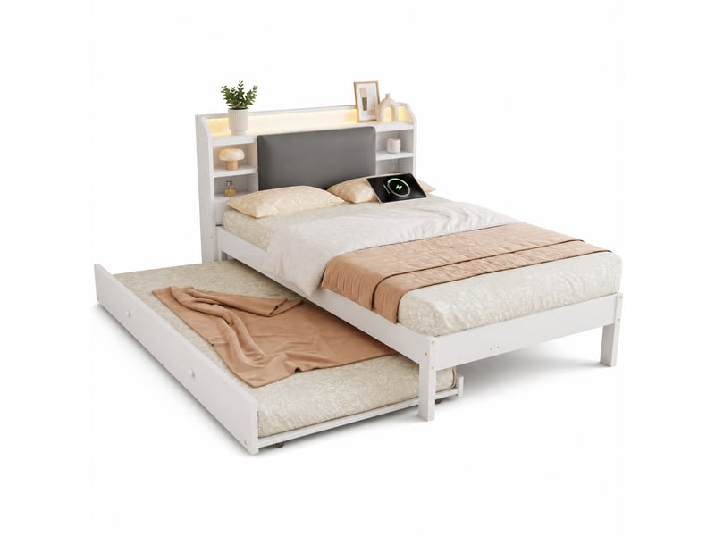  Lit jeune avec lit gigogne, 120x200 cm, led, rangement et station de charge, matelas non inclus, bois, coloris blanc  - Conforama A
