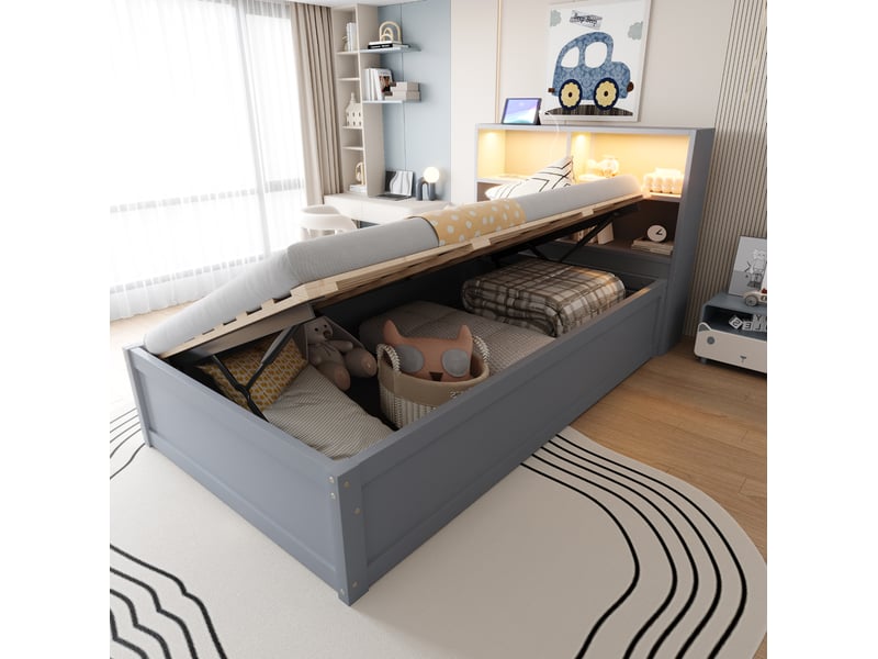  Lit coffre 90x200 cm avec led et prise multifonction gris  - Conforama B