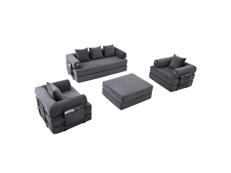  Canapé modulable 4 places avec pouf, coussins et poche latérale, à structure en métal, en tissu côtelé gris foncé  - Conforama A