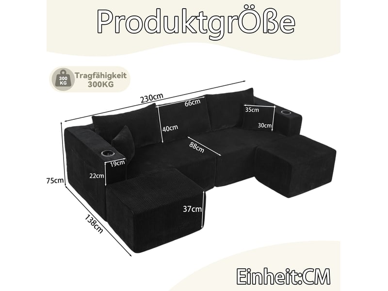 Canapé d'angle modulable tcqpz 3 places 230 x 138 x 75 cm noir en mousse et tissu côtelé - Conforama C