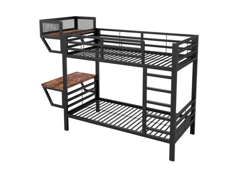  Lit superposé métallique 90 x 200 cm avec bureau et étagères, sommier à lattes, lit mezzanine gain de place pour enfants, adolescents et adultes, noir  - Conforama A