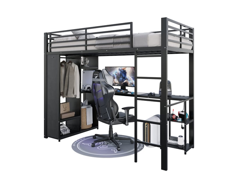 Lit mezzanine 90 × 200 cm avec bureau, étagères, armoire ouverte, led et prises usb pour chambre enfant noir - Conforama A