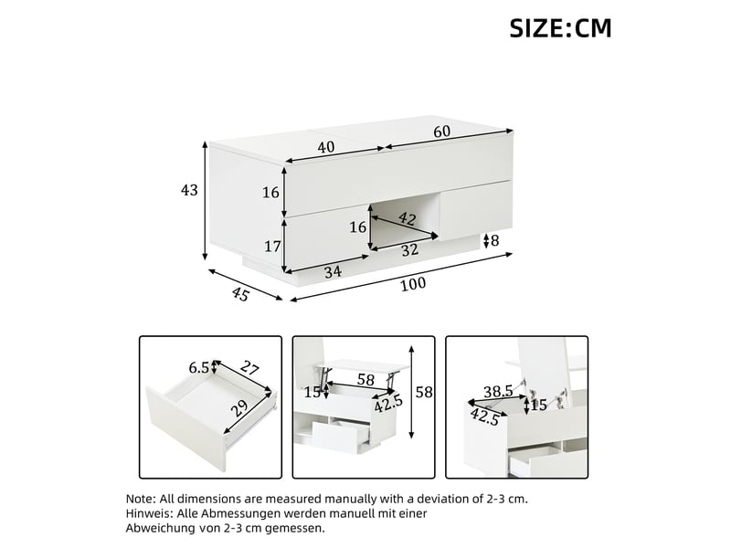  Table basse relevable blanche brillante avec led – 100 x 45 x 43 cm – 2 tiroirs  - Conforama D