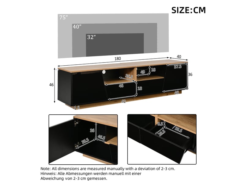  Meuble tv led 2 portes 2 tiroirs noir et coloris bois 180 x 40 x 46 cm N625P324787788S - Conforama C