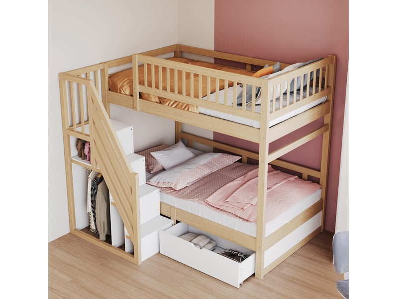  Lit superposé enfant 90x200 cm en bois avec échelle et rangements, blanc et gris  - Conforama B