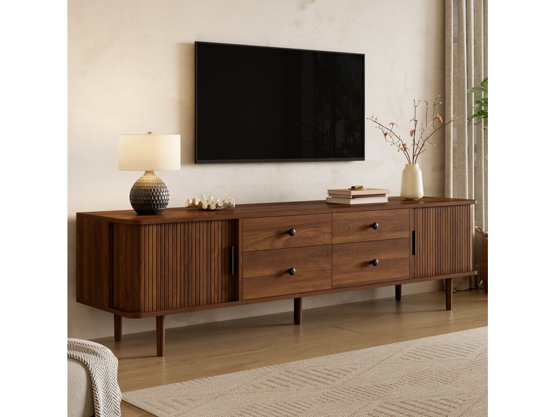  Meuble tv 165 cm en mdf bois foncé, 4 tiroirs et 2 portes coulissantes, avec coins arrondis pour le salon  - Conforama E
