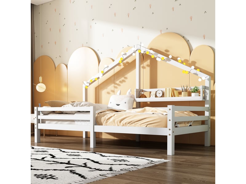  Lit cabane enfant 90x200 en bois avec étagère de rangement, cadre de lit style scandinave blanc avec barrière, 206x97x138cm  - Conforama R
