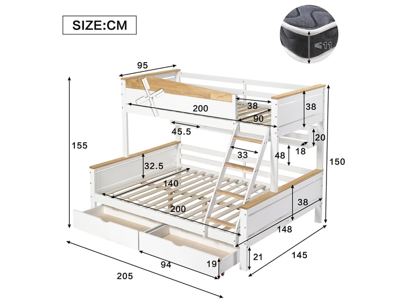  Lit superposé enfant 90x200 et 140x200 cm avec moulin à vent, blanc et naturel  - Conforama C