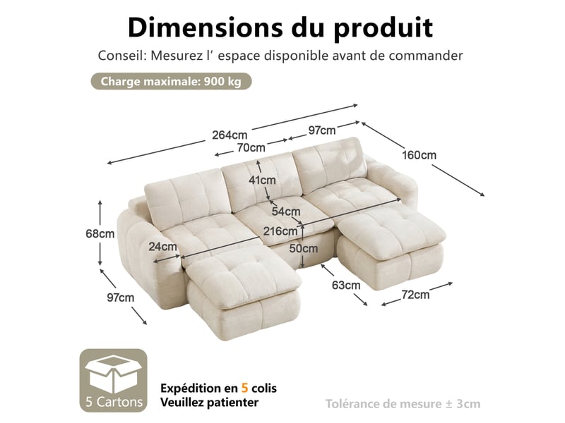  Canapé modulable 2 places en chenille beige, assise profonde, sans montage  - Conforama D