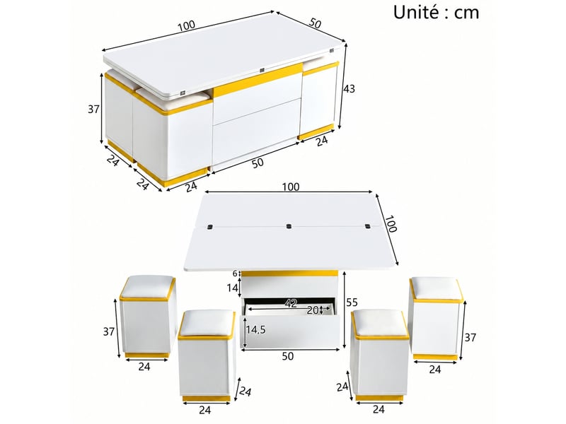  Table basse relevable avec 4 tabourets de rangement, blanche et jaune, 100 x 50 x 43 cm  - Conforama C