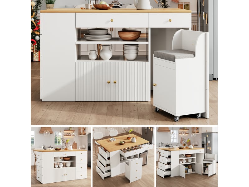  Îlot de cuisine avec 6 tiroirs, 2 niches ouvertes, placard et tabouret à roulettes pour cuisine en blanc  - Conforama D