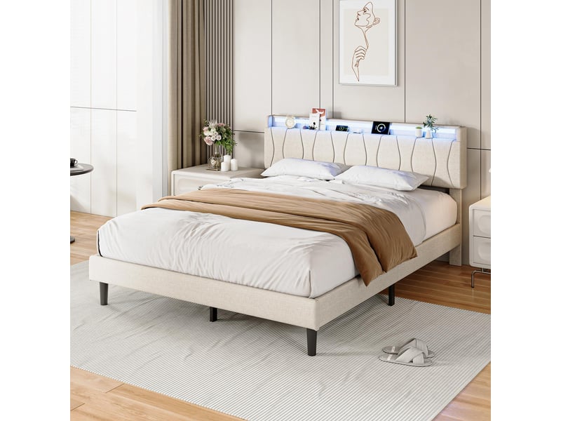  Lit 160x200cm - lit double 160x200cm - lit rembourré en tissu lin avec tête de lit à étagère, led rgb et usb - beige  - Conforama D