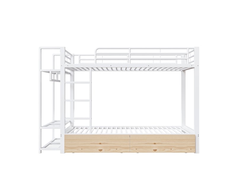 Lit superposé avec 2 tiroirs, étagères, led et penderie, métal blanc, 90x200 cm, sans matelas - Conforama A