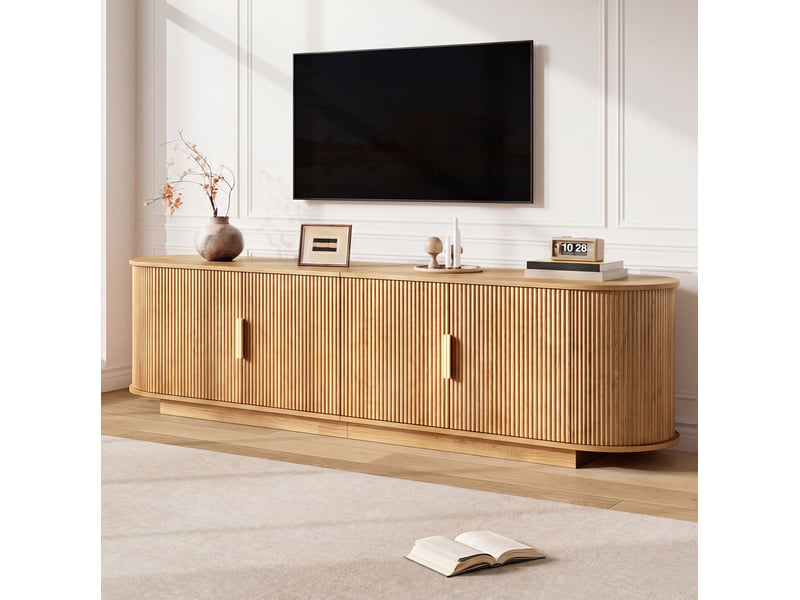  Meuble tv avec 4 portes et rangement fermé, poignées en métal, décor ondulé pour salon, naturel, 180 × 35 × 50 cm  - Conforama C