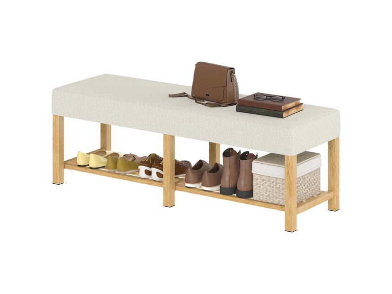  Banc à chaussures avec assise rembourrée pour 2 personnes, étagère ouverte, structure en bois, 140 x 44 x 48 cm, crème et bois naturel  - Conforama B