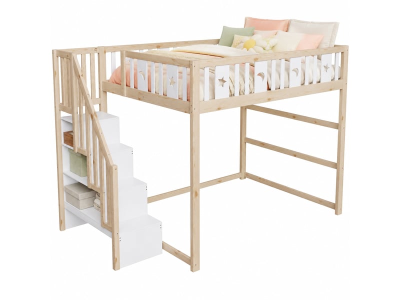  Lit mezzanine enfant 140 x 200 cm avec escalier, étagères et motifs étoile lune  - Conforama A