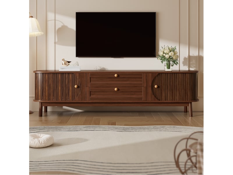  Meuble télévision 170 x 39,5x 46 cm bas rangement portes à lames tiroirs poignées arrondies pieds bois mdf noyer  - Conforama D
