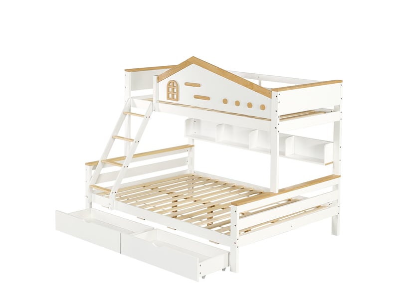  Lit superposé enfant 90x200140x200 cm, barrière sécurité, 2 tiroirs, échelle 4 marches, pinmdf, blanc naturel  - Conforama A