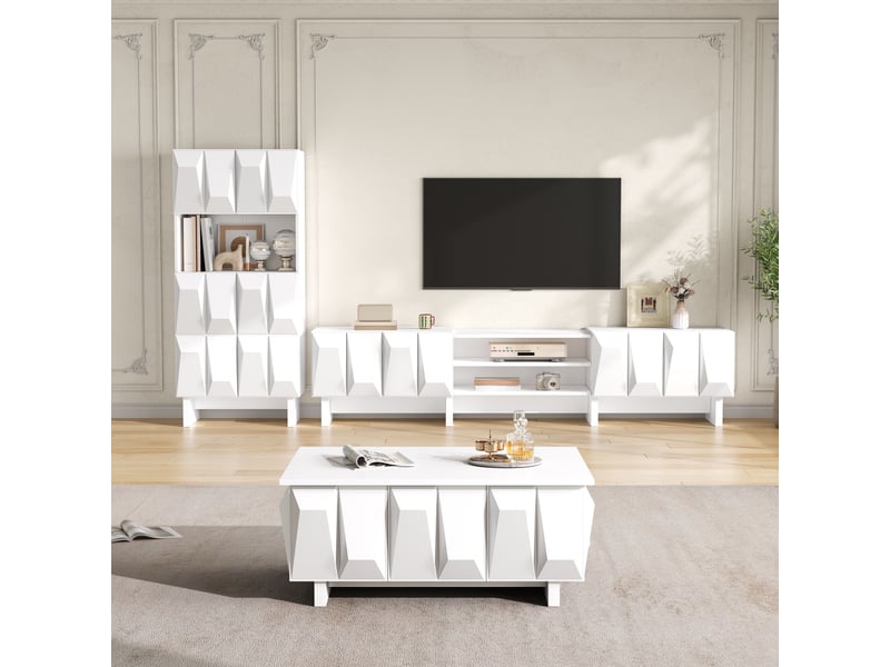  Ensemble meuble salon 3 pièces tv vitrine table basse 180 cm blanc panneau particules design 3d evarich - Conforama D