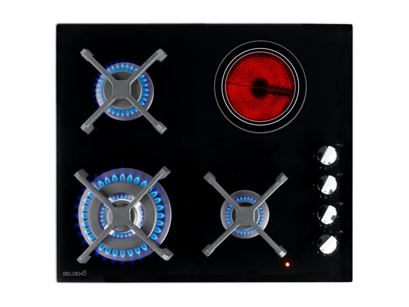 Plaque de cuisson mixte 3 gaz et 1 vitrocéramique double couronne 7400 w manettes  - Conforama A