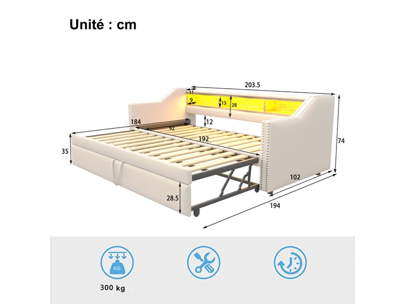 Lit gigogne 1 ou 2 places, avec 3 niches de rangement, led et usb, 90x190 et 180x190 cm, sans matelas  - Conforama D