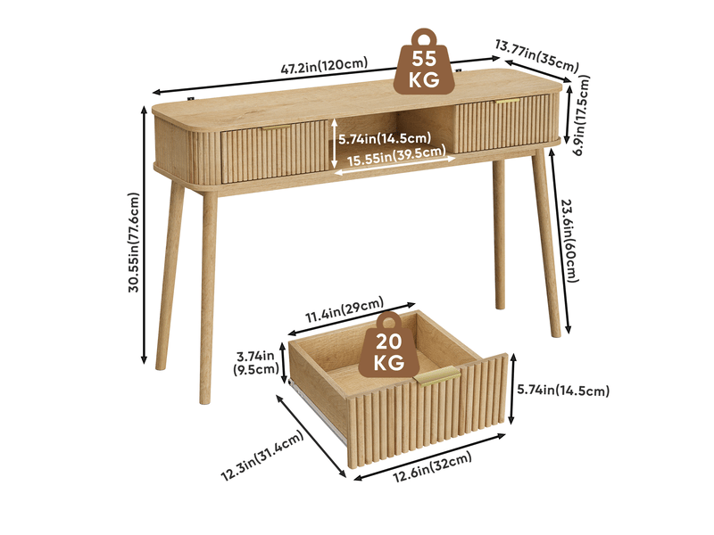 Console,120x35x77,6 cm,2 tiroirs vintage,mdf,effet chêne - Conforama C