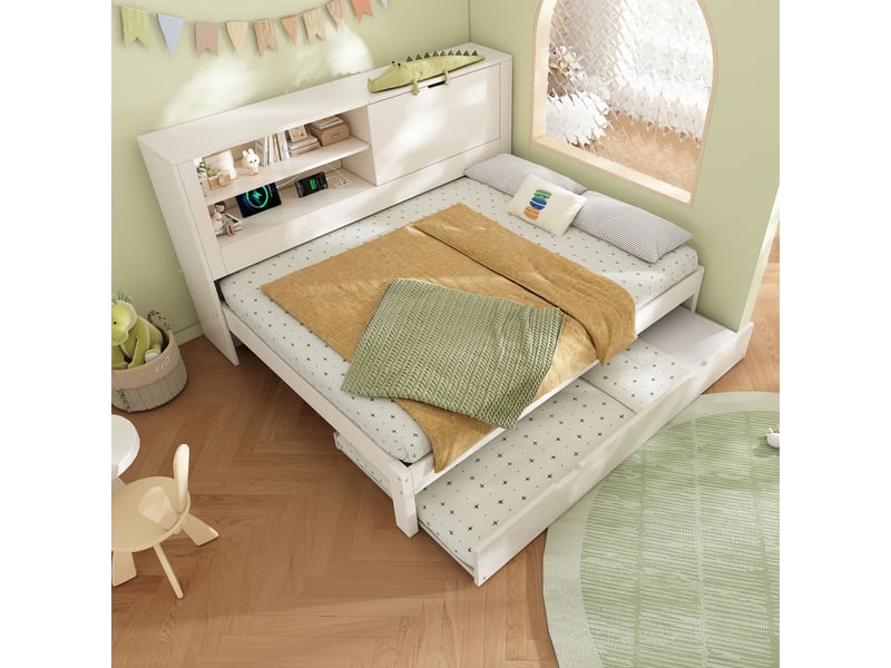  Lit gigogne avec rangement 140x190 cm - tête de lit ports usb type-c - lit gigogne - sommier à lattes inclus cadre blanc  - Conforama A