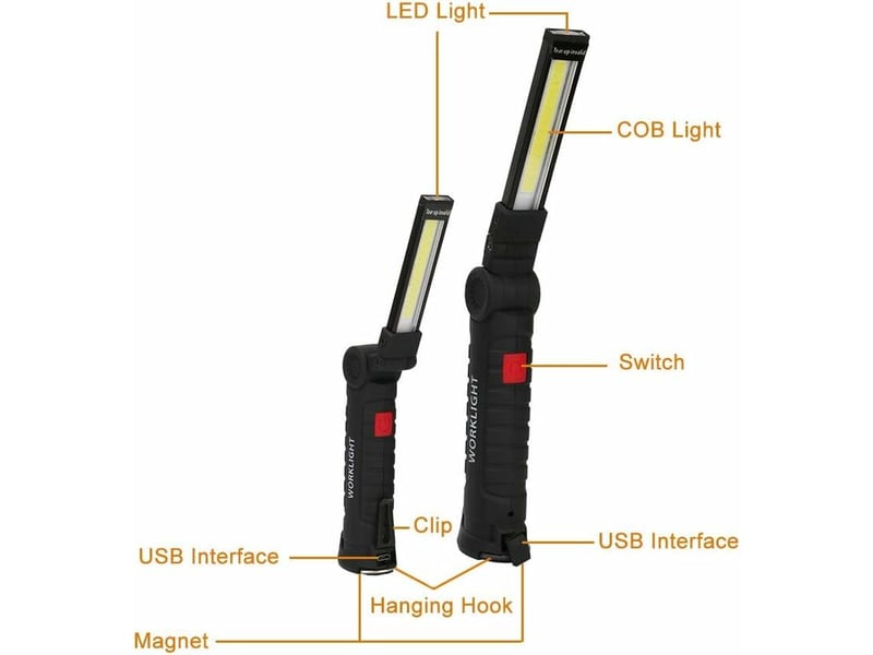 Lampe de travail rechargeable par usb, torche de lampe de poche dinspection led cob lampe de travail magnétique mini lampe de poche portable avec base - Conforama C