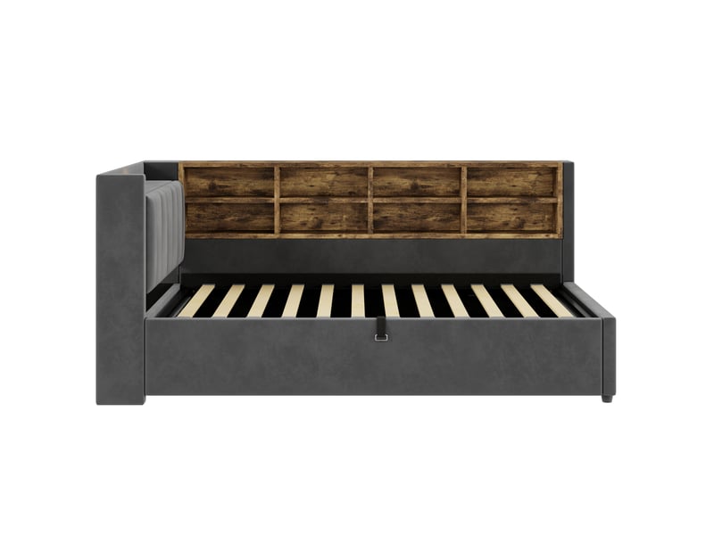 Lit coffre simple 90x200 cm avec veilleuse usb et type-c, gris foncé, sans matelas - Conforama E