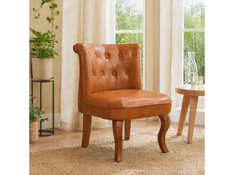  Fauteuil lounge en cuir marron clair avec pieds en bois de caoutchouc  - Conforama B