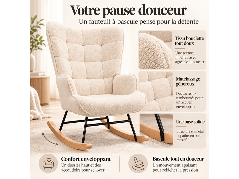  Chaise à bascule, fauteuil a bascule avec polaire sherpa, allaitement fauteuil pour salon, chambre, balcon, beige  - Conforama D